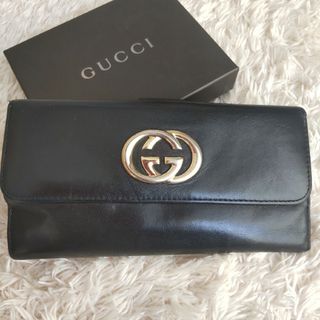 Gucci - GUCCI 長財布 インターロッキング フラップ オールレザー ゴールド 金具