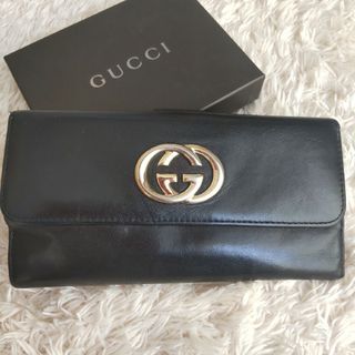 GUCCI 長財布 インターロッキング フラップ オールレザー ゴールド 金具