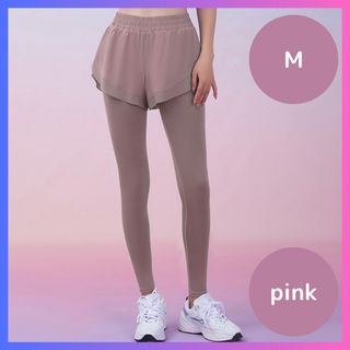 ショートパンツ付き レギンス　ポケット付き　スポーツスパッツ　ピンク M(レギンス/スパッツ)