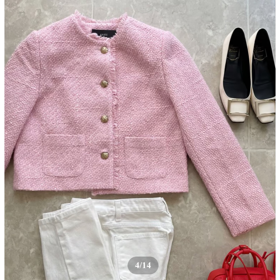 【ENEU】fringe tweed jacket / pink※最終値下げ レディースのジャケット/アウター(ノーカラージャケット)の商品写真