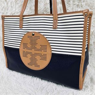 トリーバーチ(Tory Burch)の【美品】トリーバーチ　トートバッグ　A4収納　ボーダー　PVC　レザー　肩掛け(トートバッグ)