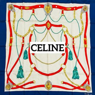 セリーヌ(celine)の★CELINE★ スカーフ 大判 ベルト チェーン タッセル シルク ネイビー(バンダナ/スカーフ)