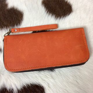 ★新品★ハンドメイド本牛革ジッパー長財布ウォレット★オレンジ橙★(財布)