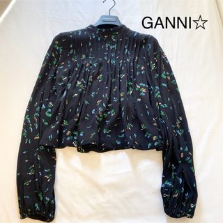 美品★定価2.5万☆GANNI レーヨンクレープフラワープ リントブラウス 黒