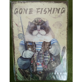 ブリキ看板 GONE fishing 猫 キャット 釣り人 魚 装飾(ウェルカムボード)