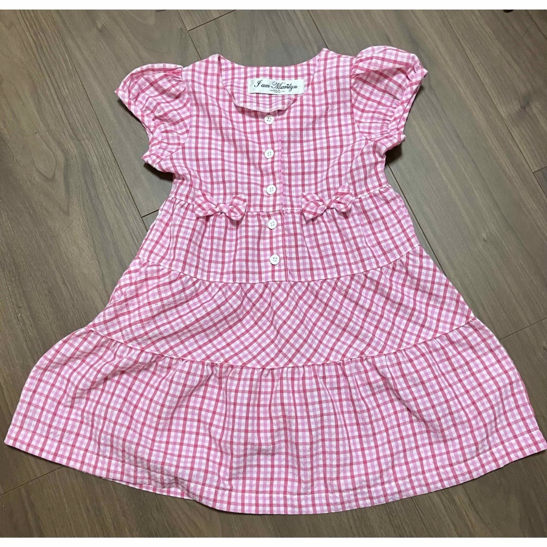 100 チェック柄リボン付きパフスリーブティアードAライン IamMarilyn キッズ/ベビー/マタニティのキッズ服女の子用(90cm~)(ワンピース)の商品写真