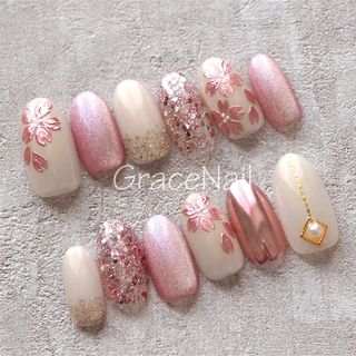 No.1188 現品販売！ネイルチップ　桜/ピンク/フラワー/ミラー