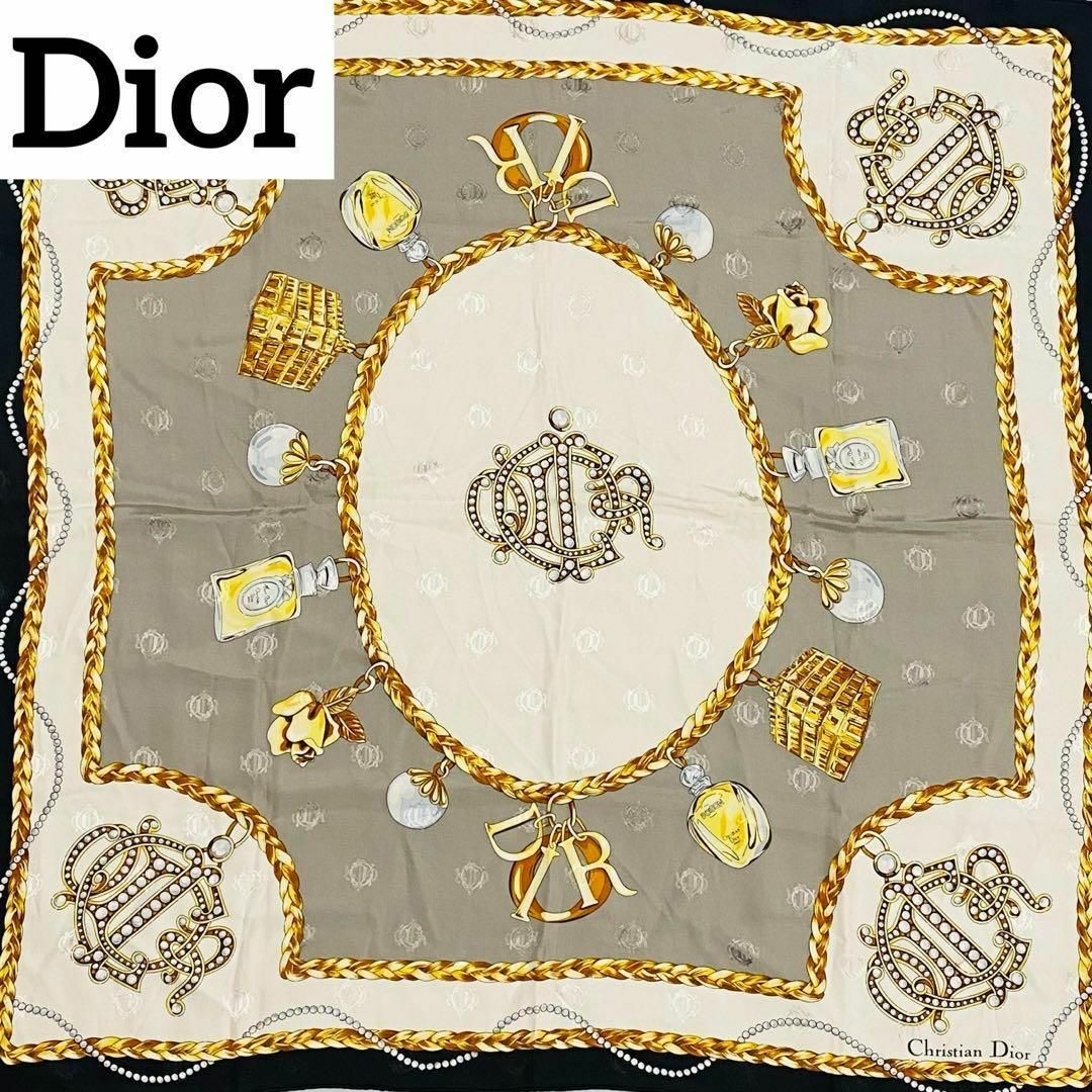 Christian Dior(クリスチャンディオール)の★Dior★ スカーフ 大判 旧ロゴ 香水 パール シルク ブラック レディースのファッション小物(バンダナ/スカーフ)の商品写真