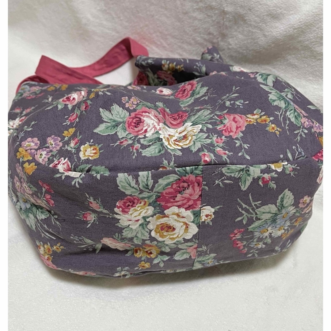 大きめトートバッグ　綿麻　薔薇　パープルグレー　ピンク　ハンドメイド ハンドメイドのファッション小物(バッグ)の商品写真