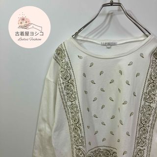 【七分袖Tシャツ　ペイズリー　刺繍デザイン　クルーネック　天竺　ホワイト　古着】(Tシャツ(長袖/七分))