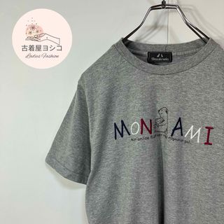 【半袖Tシャツ　アニマル　刺繍デザイン　スリット　クルーネック　杢グレー　古着】(Tシャツ(半袖/袖なし))