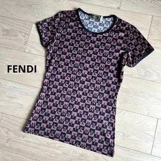 FENDI　総ロゴ柄　ブラウン　半袖カットソー　クルーネック　42サイズ