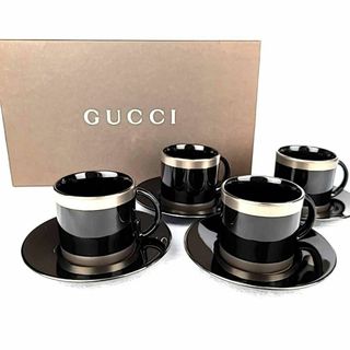 グッチ(Gucci)の★ 未使用 ◆ グッチ　ブラック×メタリック　カップ&ソーサー　4客　箱つき(グラス/カップ)