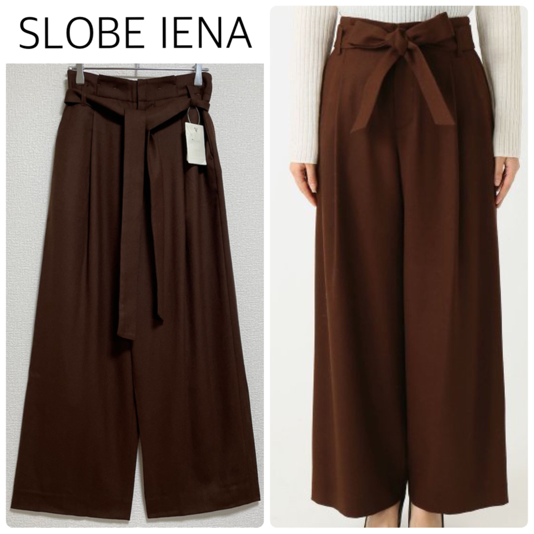 SLOBE IENA(スローブイエナ)の【新品タグ付】SLOBE IENAウエストリボン付ウールワイドパンツ　茶色 レディースのパンツ(カジュアルパンツ)の商品写真