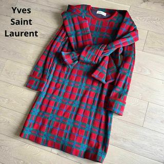 イヴサンローラン(Yves Saint Laurent)のイヴサンローラン　チェック柄　ウールニットワンピース　長袖　ストール付き　M(ロングワンピース/マキシワンピース)