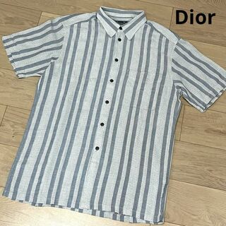Christian Dior - クリスチャンディオール　リネン混　半袖シャツ　ストライプ　グレー系　Lサイズ