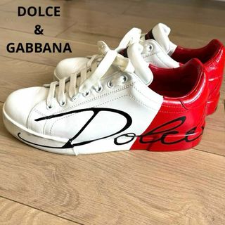 ドルチェアンドガッバーナ(DOLCE&GABBANA)のドルチェ&ガッバーナ　バイカラー　赤　白　レザースニーカー　ロゴ　6 1/2(スニーカー)