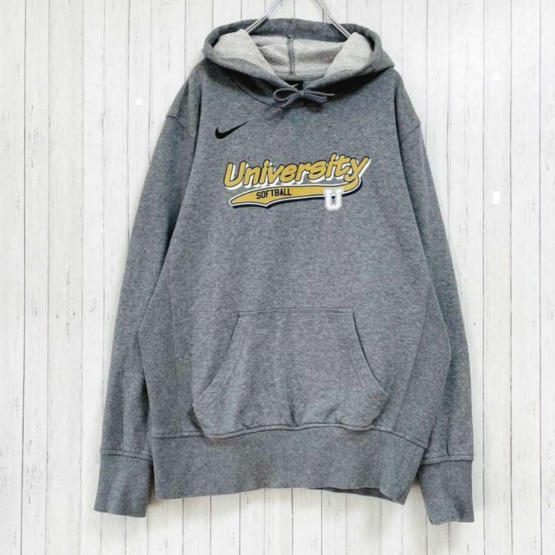 NIKE(ナイキ)のNIKE　ナイキ　パーカー　スウェット　ビッグプリント　カレッジ系　グレー　M メンズのトップス(パーカー)の商品写真