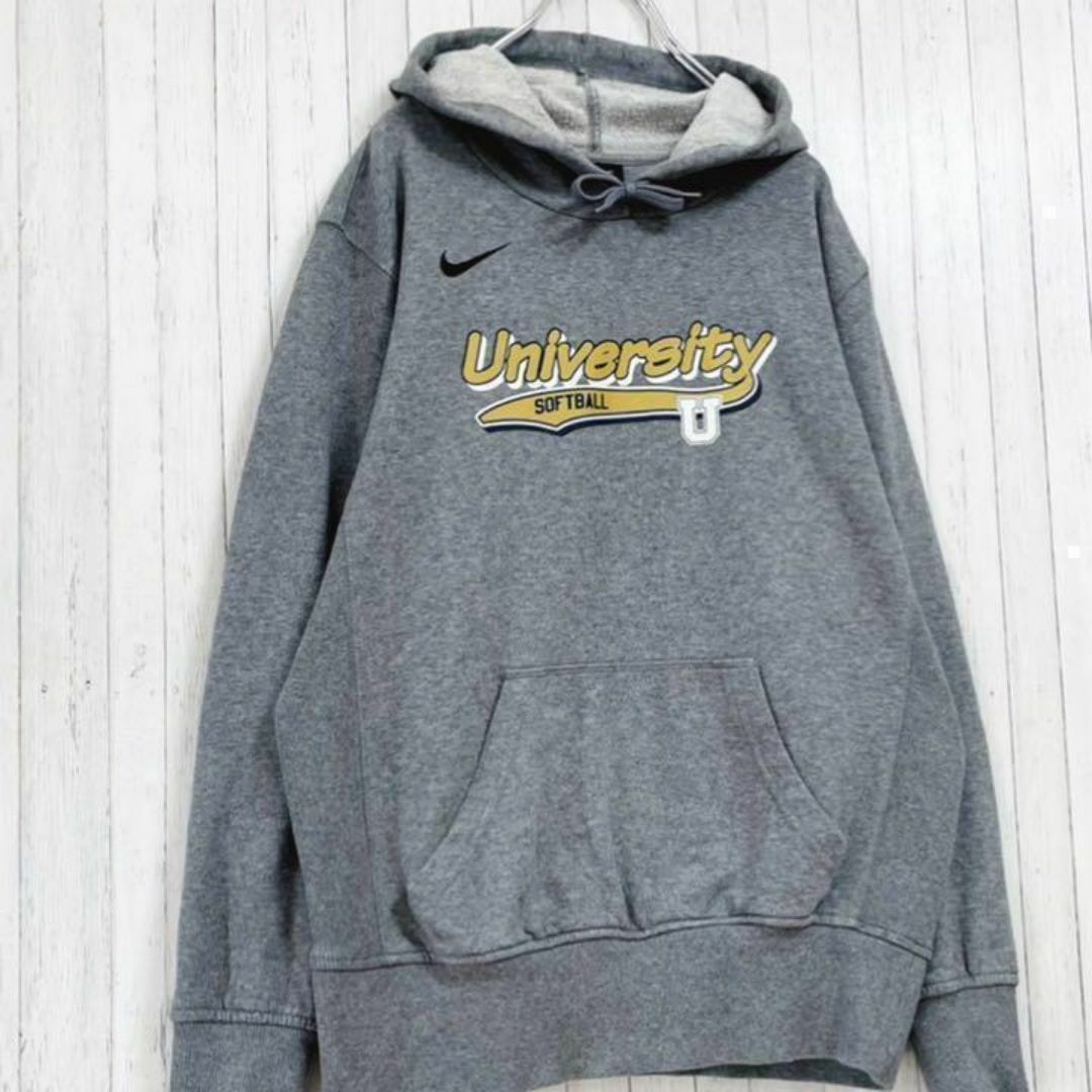 NIKE(ナイキ)のNIKE　ナイキ　パーカー　スウェット　ビッグプリント　カレッジ系　グレー　M メンズのトップス(パーカー)の商品写真