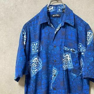 723　アロハシャツ　ブルー系　総柄　オープンカラー　レーヨン100%(Tシャツ/カットソー(半袖/袖なし))