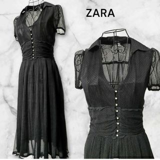 ザラ(ZARA)のZARA　美品　ロングワンピース　パールボタン　ドット　シアー　黒　半袖　M(ロングワンピース/マキシワンピース)