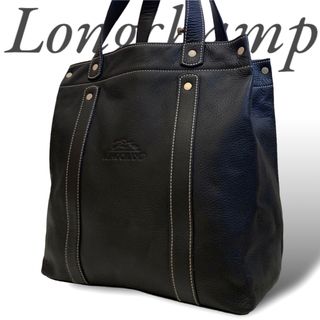 ロンシャン(LONGCHAMP)の美品 ロンシャン 本革 レザー トートバッグ 刻印ロゴ 黒 肩掛け(トートバッグ)