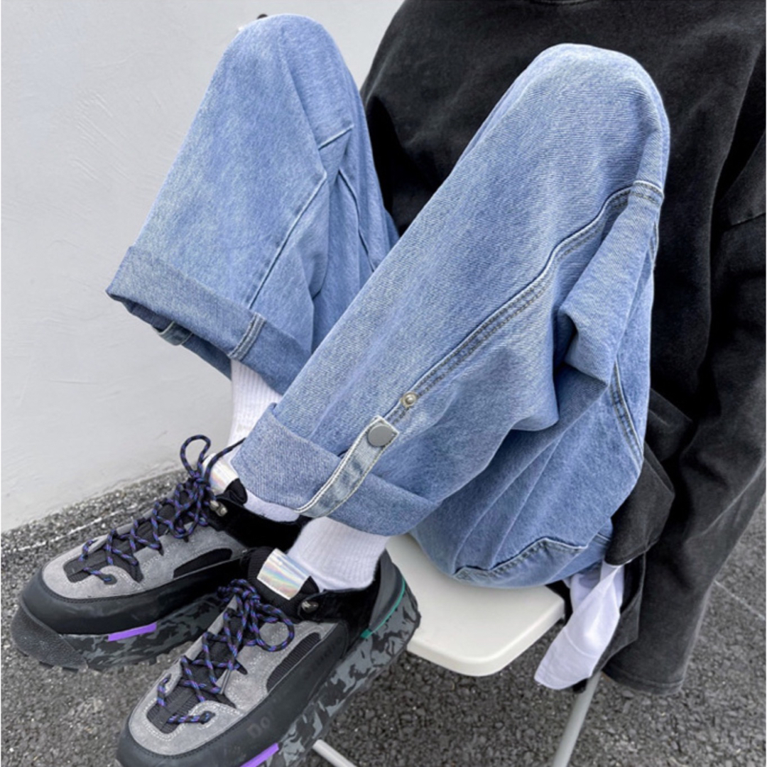 3999円○L ストリート ワイド デニム ジーンズ ロールアップ ブルー メンズのパンツ(デニム/ジーンズ)の商品写真