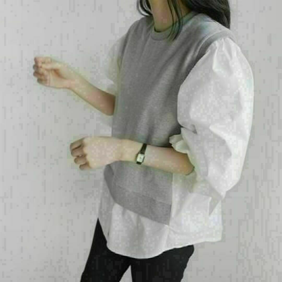467☆16　ドッキング切り替えシャツ　グレー　異素材ミックス　レイヤード風 レディースのトップス(Tシャツ(長袖/七分))の商品写真
