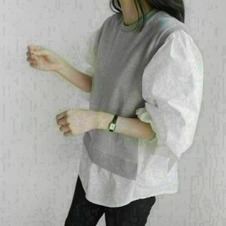 467☆16　ドッキング切り替えシャツ　グレー　異素材ミックス　レイヤード風(Tシャツ(長袖/七分))