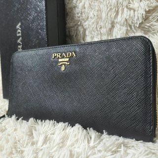 プラダ(PRADA)の美品 PRADA プラダ サフィアーノレザー ラウンドファスナー 長財布 黒(財布)