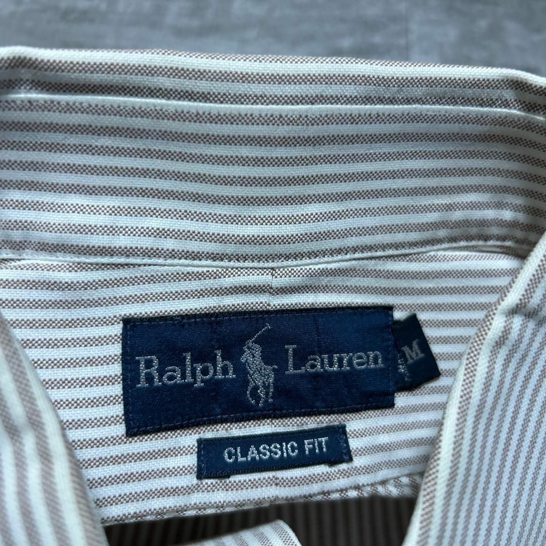 Ralph Lauren(ラルフローレン)のラルフローレン ベージュストライプ 長袖ボタンダウンシャツ ポニーロゴ 刺繍 M メンズのトップス(Tシャツ/カットソー(七分/長袖))の商品写真