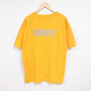 XL★古着 半袖 Tシャツ メンズ ミリタリー ネイビー NAVY リフレクター 大きいサイズ ポリエステル クルーネック USA製 濃黄 イエロー 24apr16 中古(Tシャツ/カットソー(半袖/袖なし))