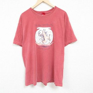 XL★古着 半袖 Tシャツ メンズ 魚 大きいサイズ コットン クルーネック 薄赤 レッド 24apr16 中古(Tシャツ/カットソー(半袖/袖なし))