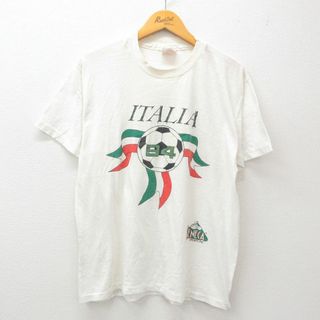 ヘインズ(Hanes)のL★古着 ヘインズ Hanes 半袖 ビンテージ Tシャツ メンズ 90年代 90s サッカー イタリア ハンドペイント ラメ クルーネック USA製 白 ホワイト 24apr16 中古(Tシャツ/カットソー(半袖/袖なし))