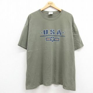 ヘインズ(Hanes)のXL★古着 ヘインズ Hanes 半袖 ビンテージ Tシャツ メンズ 00年代 00s USAロゴ 星 大きいサイズ コットン クルーネック 緑系 グリーン 24apr16 中古(Tシャツ/カットソー(半袖/袖なし))