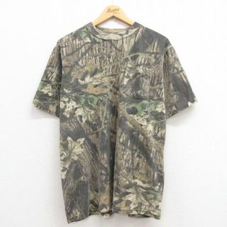 XL★古着 半袖 ビンテージ Tシャツ メンズ 00年代 00s モッシーオーク 胸ポケット付き クルーネック 茶他 ブラウン 迷彩 24apr16 中古(Tシャツ/カットソー(半袖/袖なし))