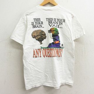 フルーツオブザルーム(FRUIT OF THE LOOM)のM★古着 フルーツオブザルーム 半袖 ビンテージ Tシャツ メンズ 90年代 90s ブレインウェーブス 脳 スキー ブーツ コットン クルーネック USA製 白 ホワイト 【spe】 24apr16 中古(Tシャツ/カットソー(半袖/袖なし))