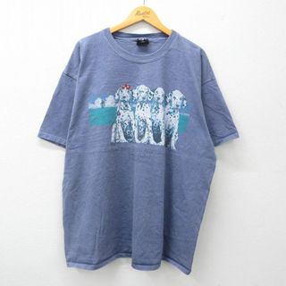 XL★古着 半袖 ビンテージ Tシャツ メンズ 90年代 90s 犬 大きいサイズ ロング丈 コットン クルーネック 紫系 パープル 【spe】 24apr16 中古(Tシャツ/カットソー(半袖/袖なし))