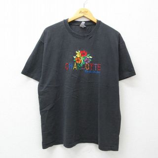 ヘインズ(Hanes)のXL★古着 ヘインズ Hanes 半袖 ビンテージ Tシャツ メンズ 90年代 90s 花 刺繍 大きいサイズ コットン クルーネック 黒 ブラック 24apr16 中古(Tシャツ/カットソー(半袖/袖なし))