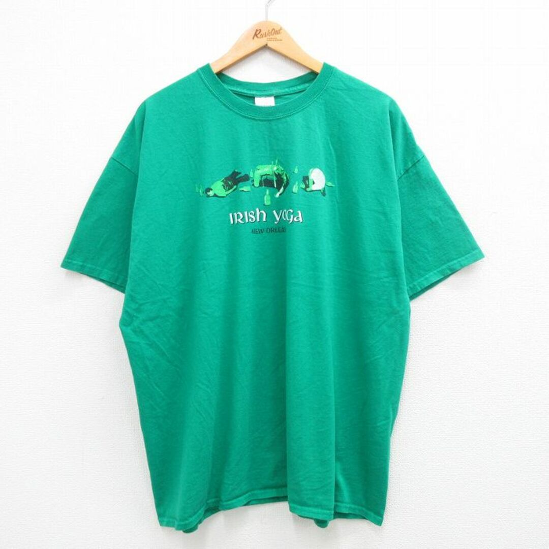 XL★古着 半袖 ビンテージ Tシャツ メンズ 00年代 00s アイリッシュ ニューオリンズ 大きいサイズ　コットン100％ クルーネック 緑 グリーン 24apr16 中古 メンズのトップス(Tシャツ/カットソー(半袖/袖なし))の商品写真