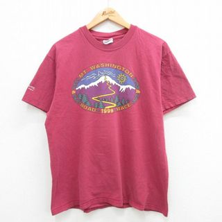 ヘインズ(Hanes)のL★古着 ヘインズ Hanes 半袖 ビンテージ Tシャツ メンズ 90年代 90s ワシントン ロードレース コットン クルーネック エンジ系 24apr16 中古(Tシャツ/カットソー(半袖/袖なし))