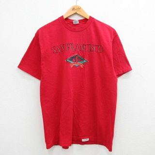 クレイジー(Crazy)のL★古着 Crazy Shirts 半袖 ビンテージ Tシャツ メンズ 90年代 90s サンフランシスコ 刺繍 コットン クルーネック USA製 赤 レッド 24apr16 中古(Tシャツ/カットソー(半袖/袖なし))