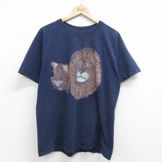 フルーツオブザルーム(FRUIT OF THE LOOM)のL★古着 フルーツオブザルーム 半袖 ビンテージ Tシャツ メンズ 00年代 00s ライオン コットン クルーネック 紺 ネイビー 24apr16 中古(Tシャツ/カットソー(半袖/袖なし))