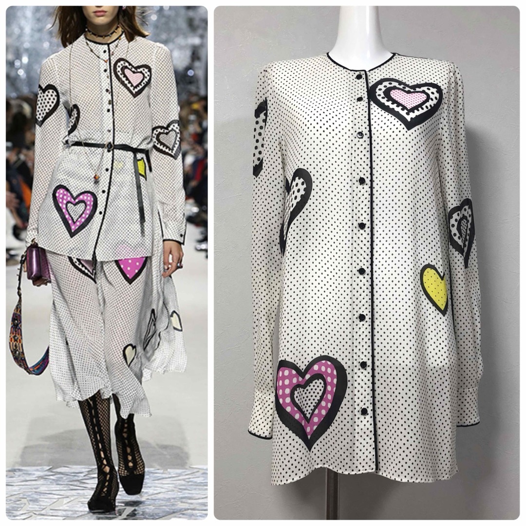 Christian Dior(クリスチャンディオール)の【ご専用】クリスチャンディオール ハート柄×ドット柄 シルクチュニック ブラウス レディースのトップス(シャツ/ブラウス(長袖/七分))の商品写真