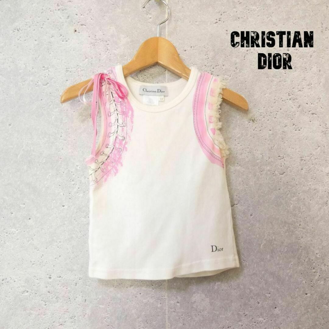 Christian Dior(クリスチャンディオール)の美品 Christian Dior リボン フリル ジッププリント タンクトップ キッズ/ベビー/マタニティのキッズ服女の子用(90cm~)(Tシャツ/カットソー)の商品写真