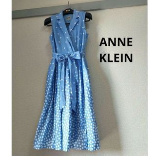 ANNE KLEIN - アンクライン  ワンピース ブルー系 ドット ノースリーブ 4 M カシュクール