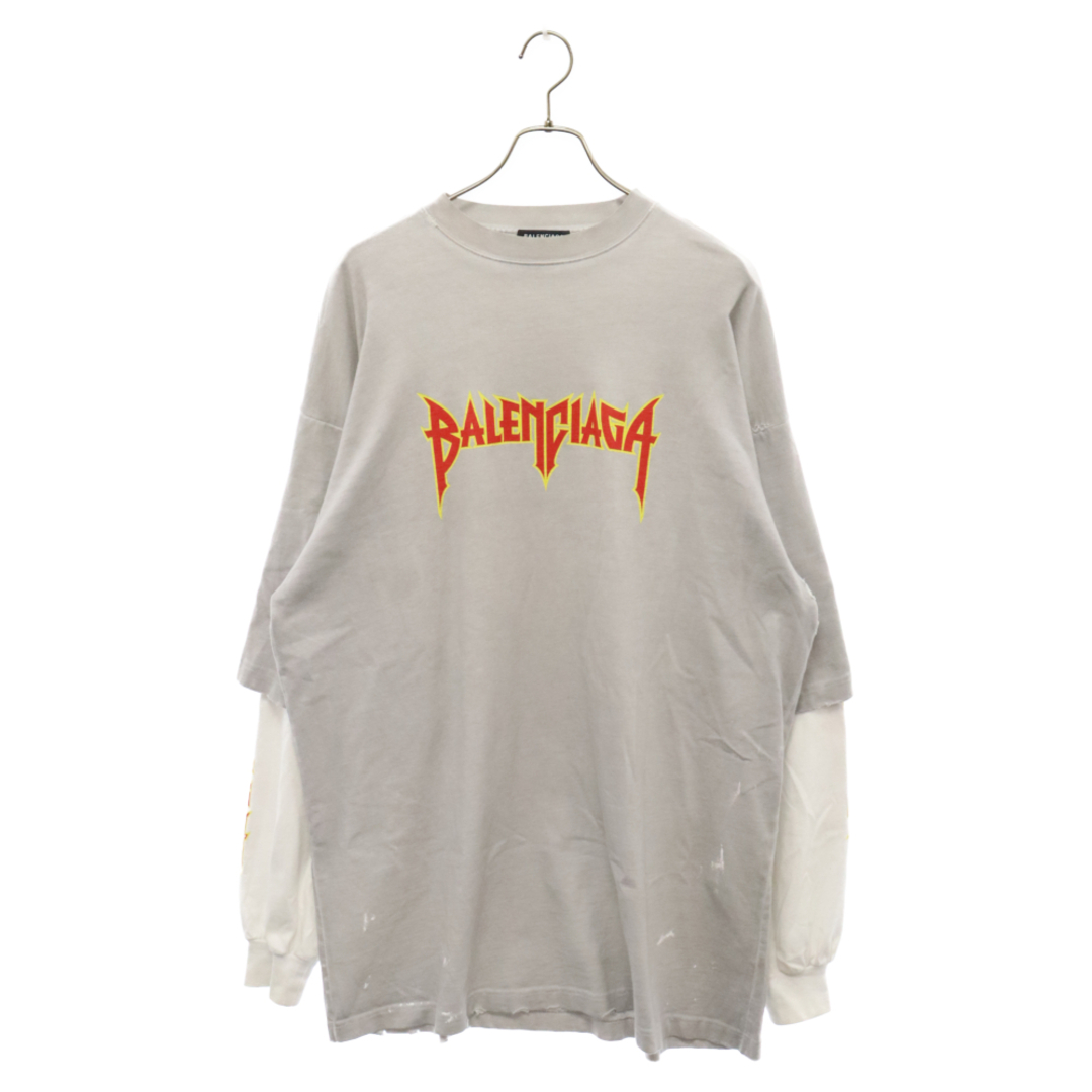 Balenciaga(バレンシアガ)のBALENCIAGA バレンシアガ 22SS METAL DOUBLE SLEEVE USED加工 メタルロゴ ダブルスリーブ ロングスリーブTシャツ グレー 698089 メンズのトップス(Tシャツ/カットソー(七分/長袖))の商品写真