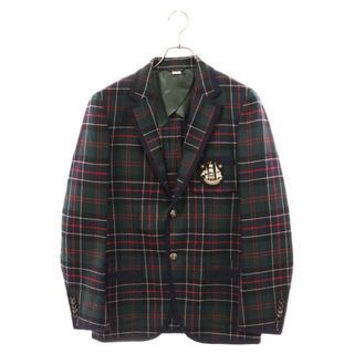 グッチ(Gucci)のGUCCI グッチ エンブレム テーラードジャケット カシミヤ パイピング タータンチェック 521887 Z5357 グリーン/ネイビー/レッド(テーラードジャケット)