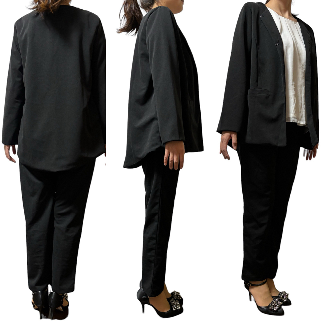 L ネイビー ノーカラー パンツスーツ フォーマル スーツ ママ服 シンプル レディースのフォーマル/ドレス(スーツ)の商品写真