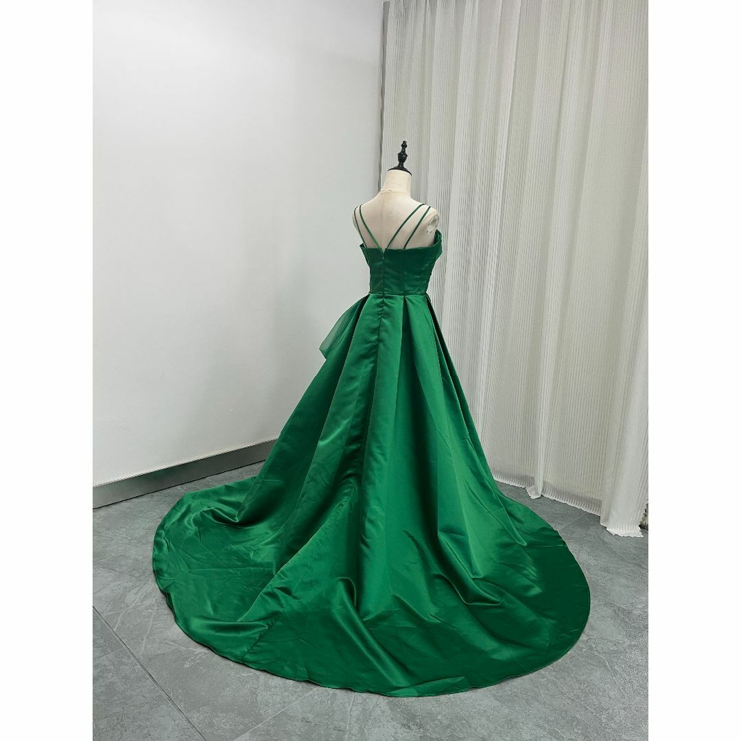 エレガント グリーン キャミソール パーティードレス 胸元フリル サッシュベルト レディースのフォーマル/ドレス(ウェディングドレス)の商品写真
